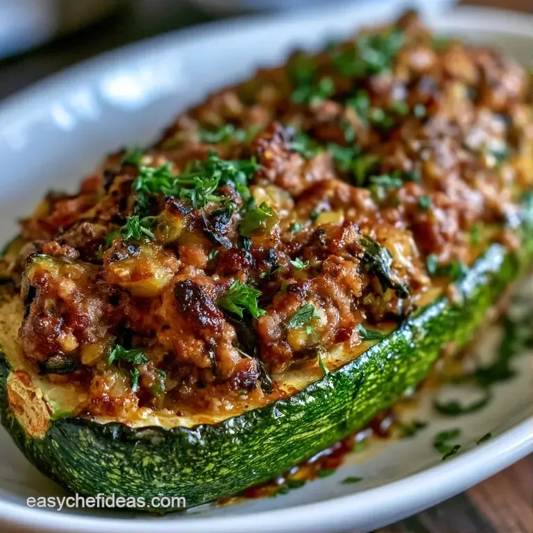 Two zucchini halves filled with savory beef and melted cheese on a white ceramic plate with a fresh side salad