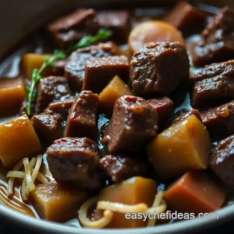 Guinness-Braised Beef Stew with Cheddar & Herb Dumplings presentation