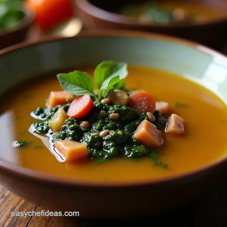 Blackwater Bog Broth a Deeply Savoury Soup with Smoked Ham Hock Turnip Greens presentation