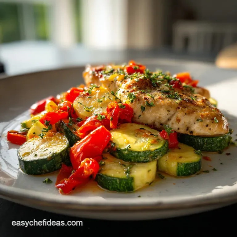 Pan-seared chicken breast artfully plated with colorful vegetables; steam rises hinting at its warm, tender interior. Simp...