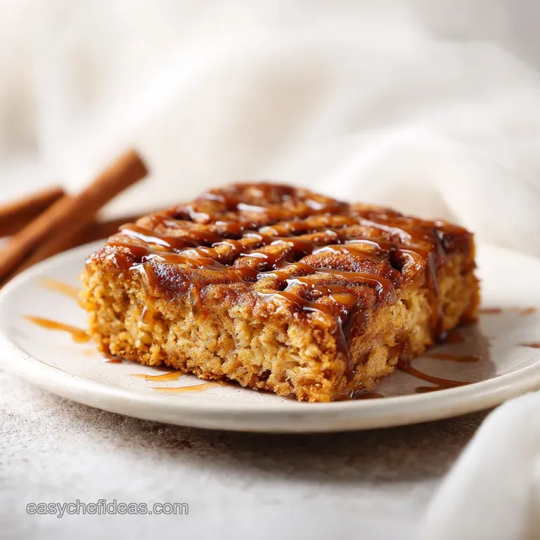 A square slice of warm, spiced oats topped with a drizzle of white icing on a matte grey plate with a linen napkin.