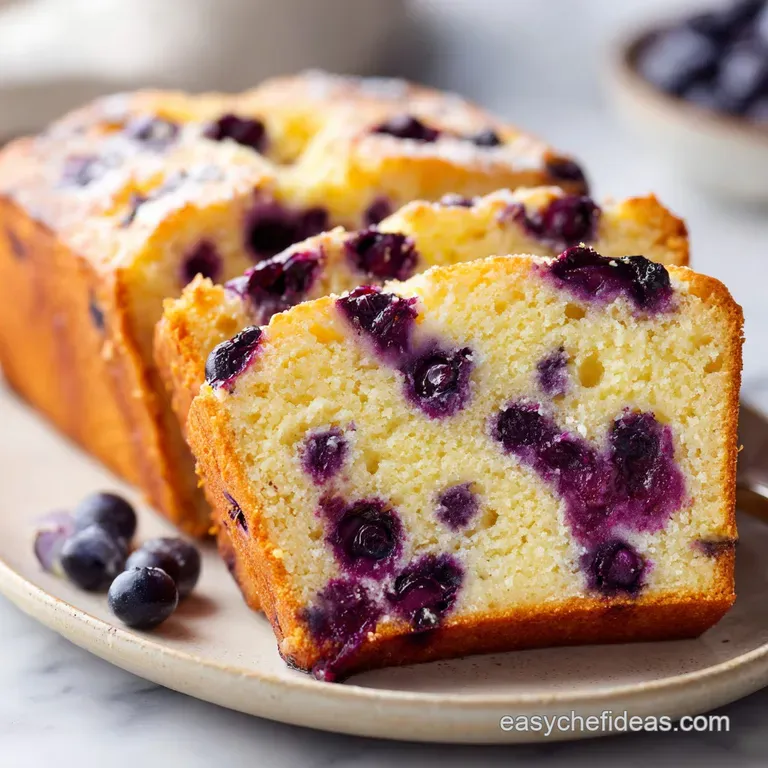 A tender golden slice of citrus cake topped with a white glaze and fresh blueberries on a white ceramic plate.