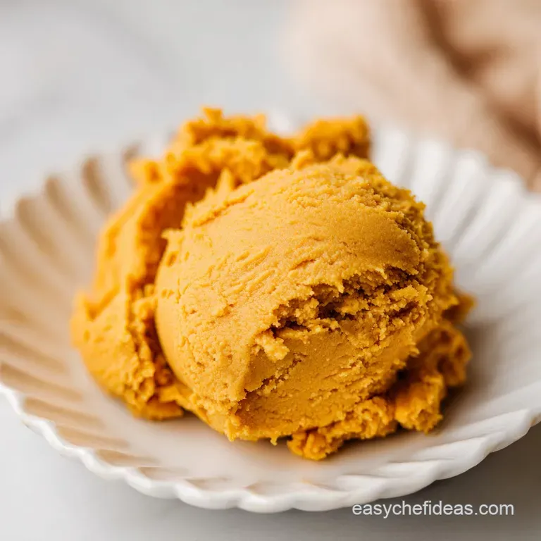 A wooden spoon scooping a dollop of soft orange dough onto a minimalist white plate beside a linen napkin.