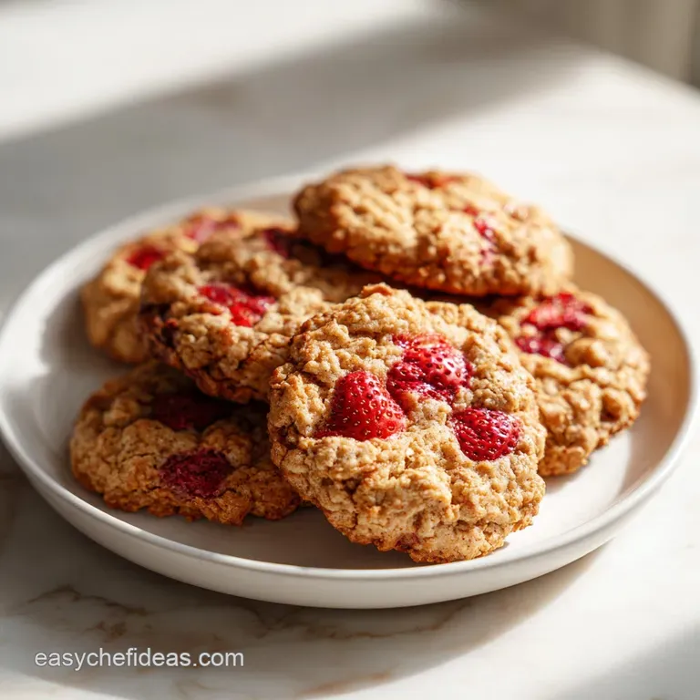Neatly stacked pink treats on a minimalist white plate, paired with sliced berries and a dusting of powdered sugar.
