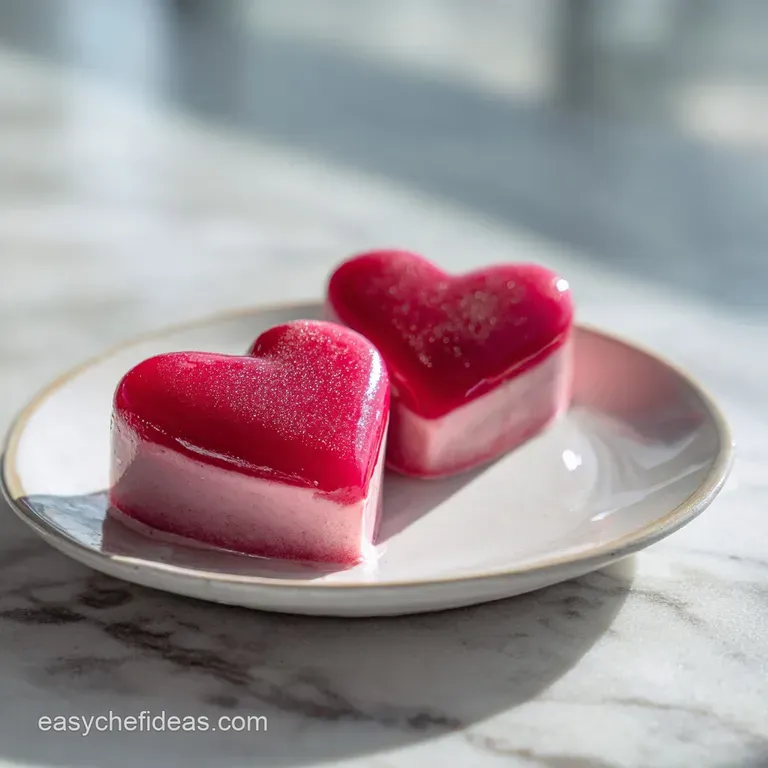 A delicate, heart-shaped cake elegantly plated with a dusting of powdered sugar and a vibrant array of fresh berries.