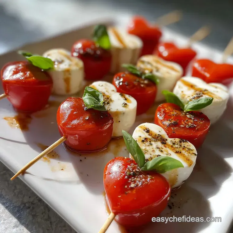Elegant appetizer: heart-shaped Caprese salad on a white plate, drizzled with balsamic glaze; a romantic Valentine's Day t...