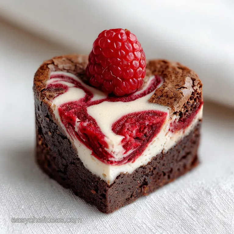 Single heart brownie on a white plate, showing the rich, dark chocolate and vibrant red raspberry against the creamy white.