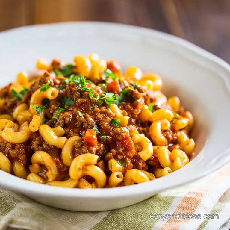 Close-up of a serving: goulash, glistening with tomato sauce, piled high in a bowl. Sprinkled with herbs for fresh appeal.