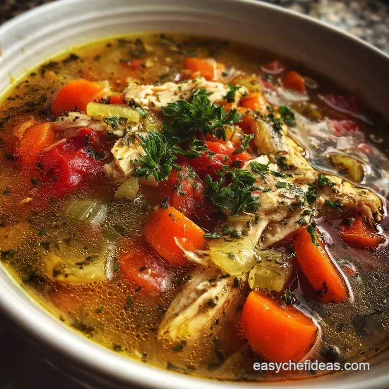 Steaming bowl of chicken veggie soup. Diced chicken & herbs fleck the broth with crusty bread, promising a warm, cozy meal.