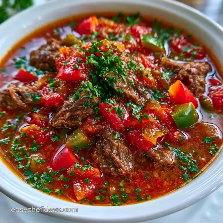 A rustic ceramic bowl of vibrant red stew topped with a dollop of sour cream and fresh green parsley sprinkles.