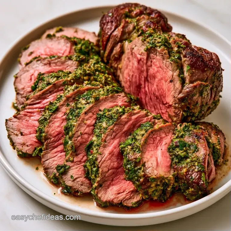 Thinly sliced roast beef arranged elegantly on a white platter with roasted carrots and a drizzle of rich brown jus.