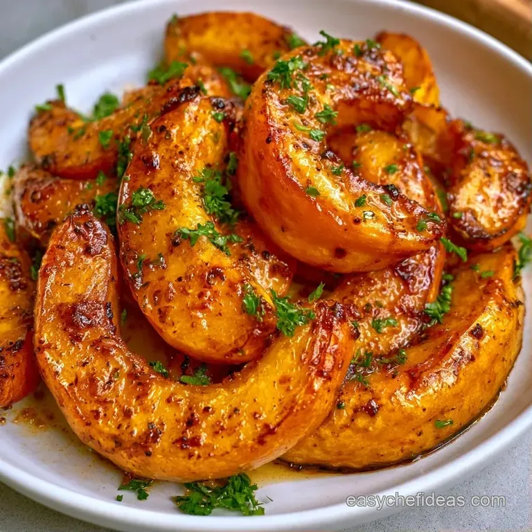 Caramelized yellow squash rings stacked elegantly on a white plate, sprinkled with chopped parsley and black pepper.