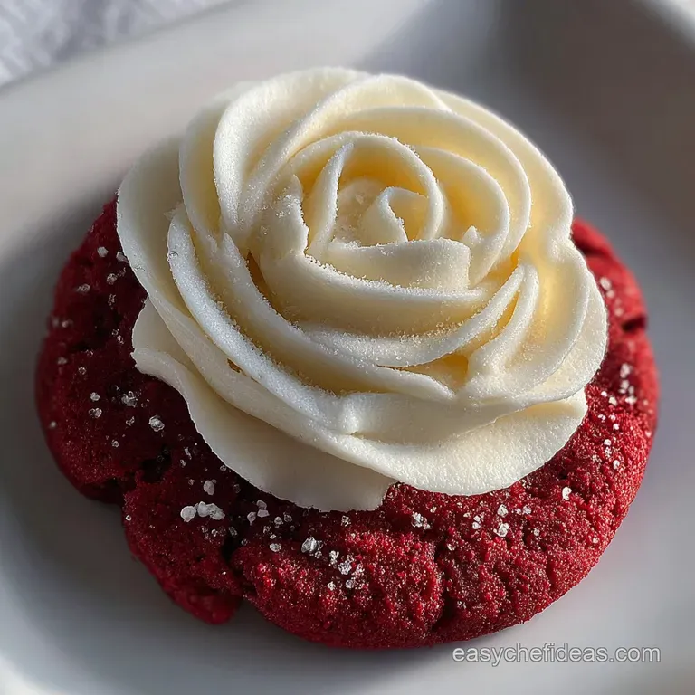 A single red velvet cookie on a white plate, the Hershey's Kiss reflecting light, showcasing its rich color and soft texture.