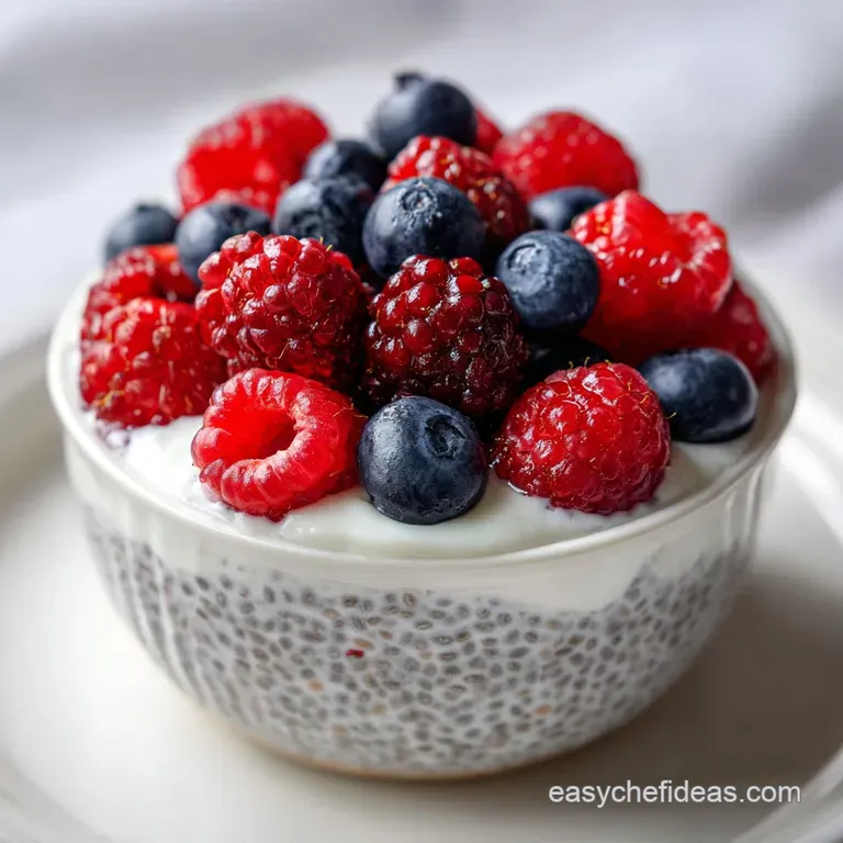 Elegant parfait glass filled with layers of creamy white pudding, vibrant mixed berries, and a sprinkle of dark chia seeds.