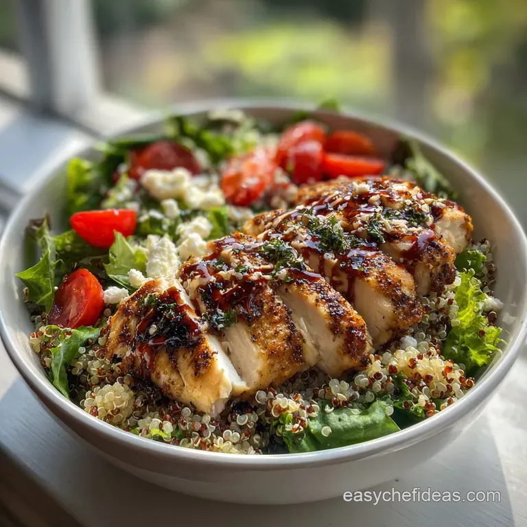 Perfectly plated grilled chicken and quinoa; drizzled sauce glistening, vibrant herbs adding fresh appeal.