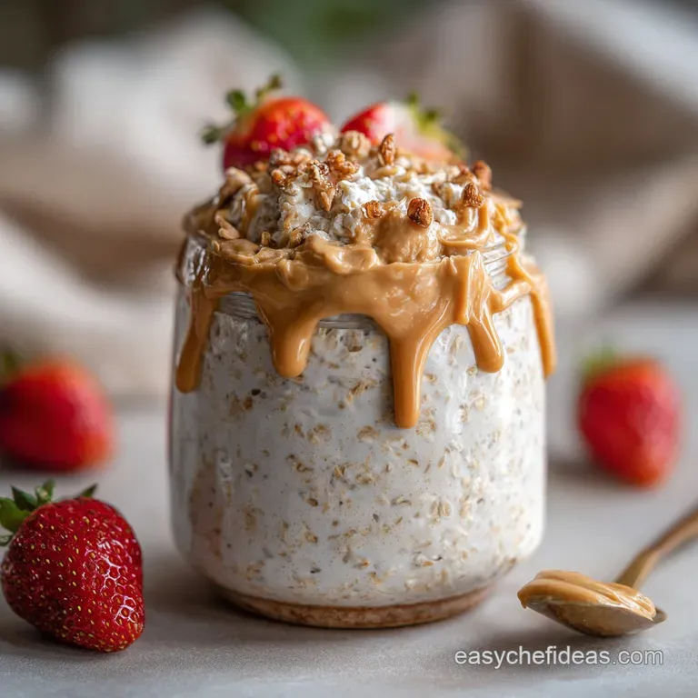 Layered overnight oats with peanut butter, topped with crunchy granola, fresh banana slices, and a drizzle of honey, ready...