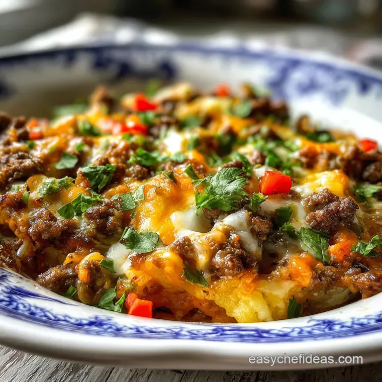 A warm serving of hobo casserole, showcasing layers of ground beef, tender vegetables, and a rich, golden, cheese crust.