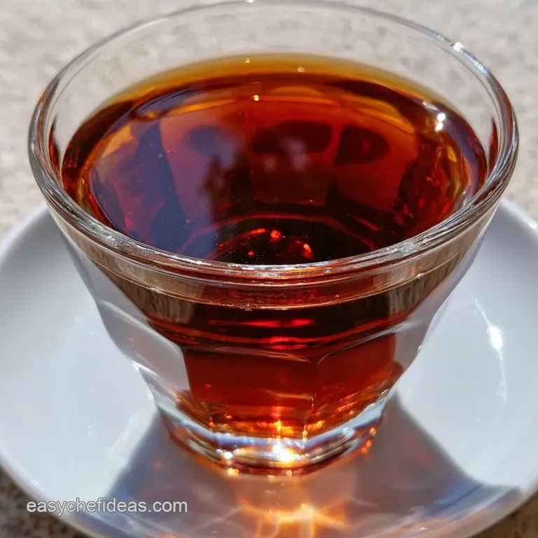 A small glass of dark brown liquid with crystal clear ice cubes, garnished with roasted coffee beans on a napkin.