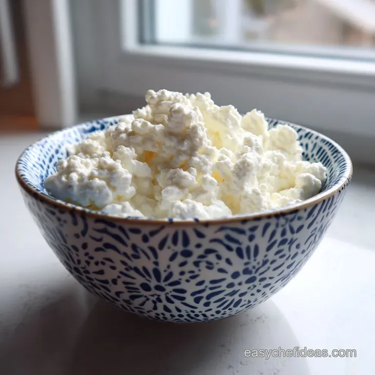 Cottage cheese artfully spooned into a glass bowl, its pillowy texture highlighted by a sprig of fresh dill on a rustic wo...