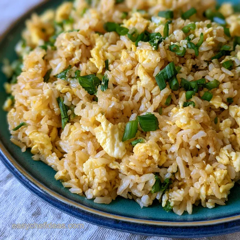A neat dome of golden grains topped with thinly sliced green onions on a minimalist white porcelain plate.