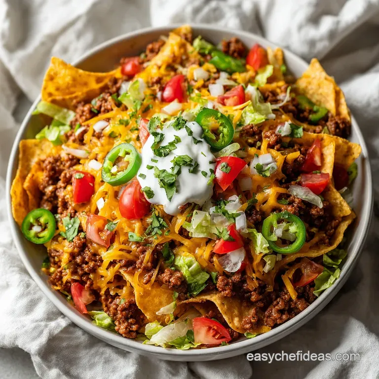 A beautifully arranged mound of taco salad, showcasing vibrant colors and textures, served in a festive bowl.