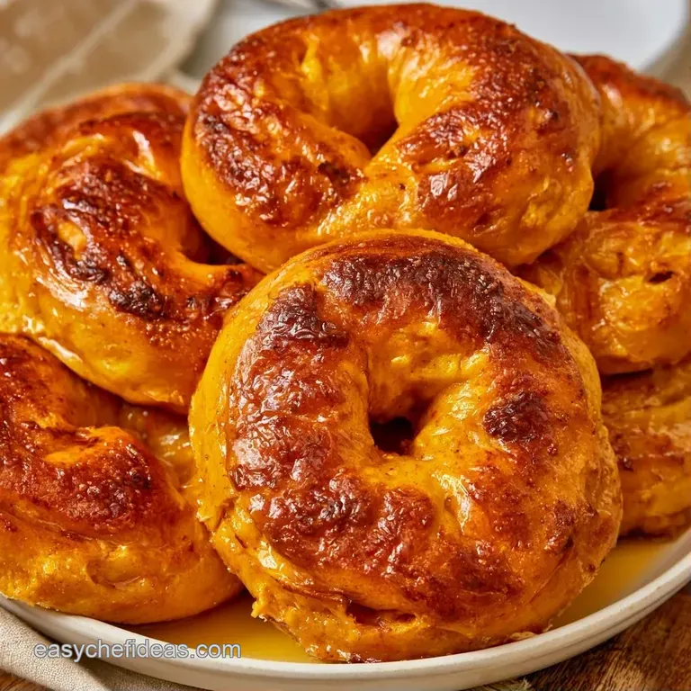 Sliced orange-hued bagels served on a ceramic platter with swirls of cream cheese and a sprinkle of pumpkin seeds.
