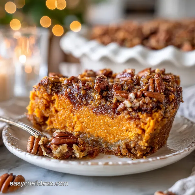 A creamy scoop of sweet potato casserole, topped with toasted pecans and a sprinkle of cinnamon, on a white plate.