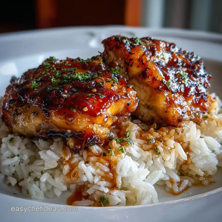 Chicken pieces glazed in thick sauce rest on white rice, garnished with vibrant greens, served on a white plate. Comfort f...