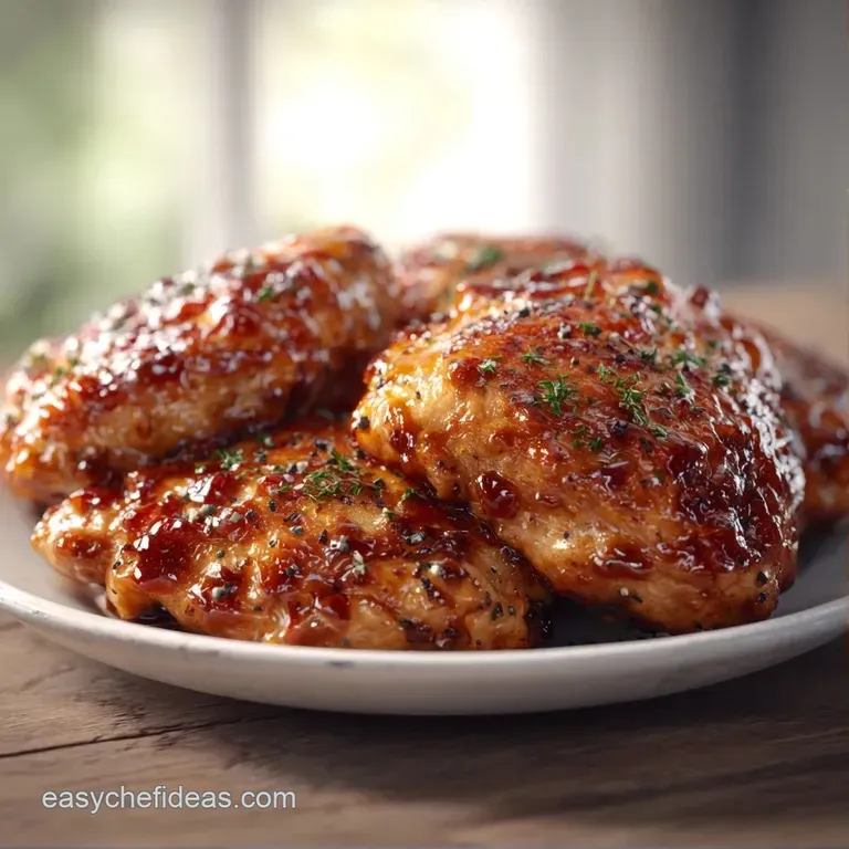 Glazed chicken thighs on a bed of fluffy white rice, garnished with sliced scallions and a drizzle of honey sauce.