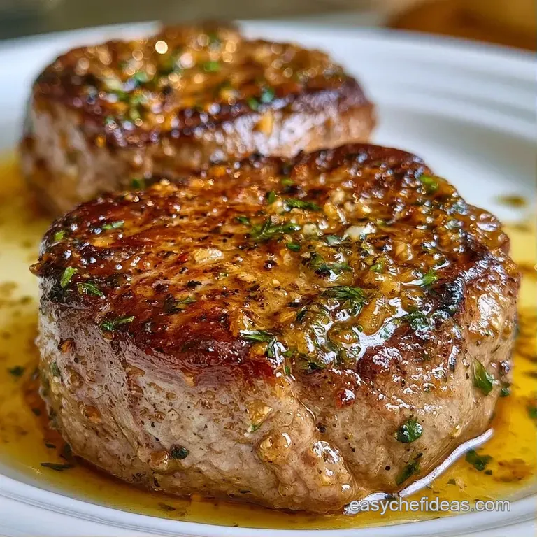 Elegant beef medallion atop smooth white potato puree, finished with a glossy glaze and a sprig of fresh parsley.