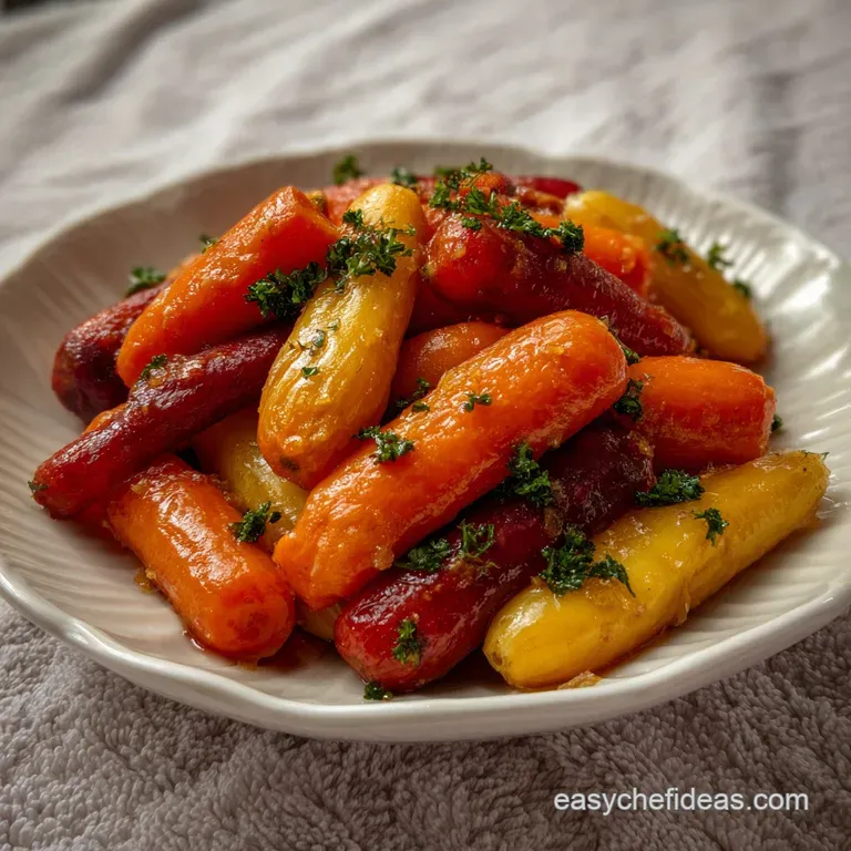 Elegant plate featuring glazed carrots radiating warmth, accompanied by artfully arranged roasted parsnips and Brussels sp...