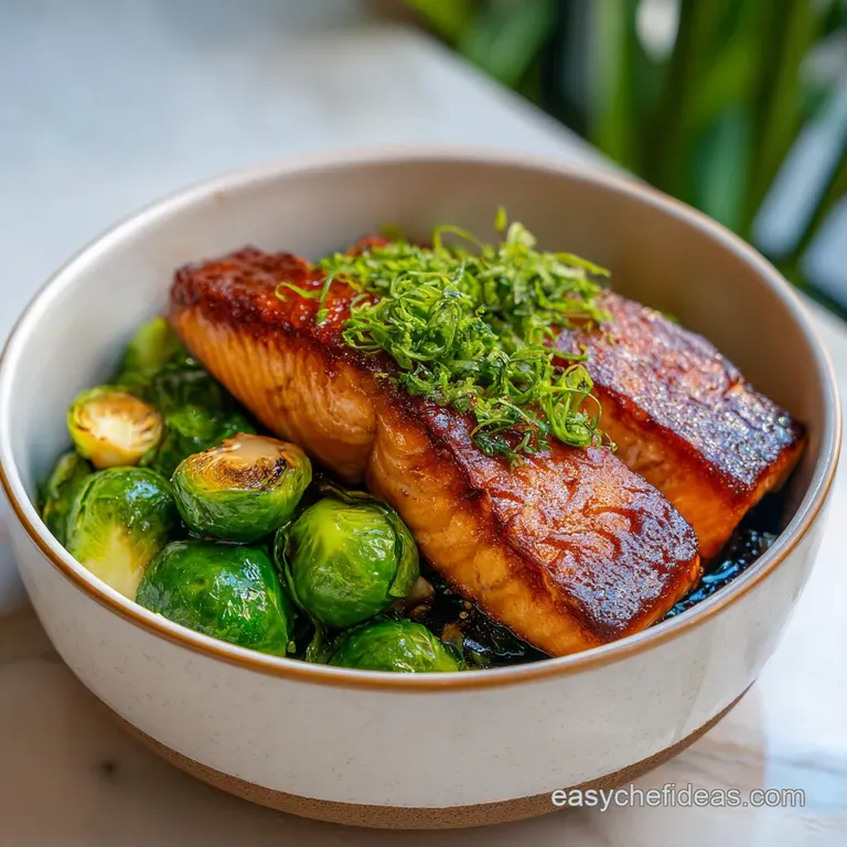 Honey-glazed salmon artfully arranged on a bed of quinoa, avocado slices, and microgreens, creating an elegant, colorful d...