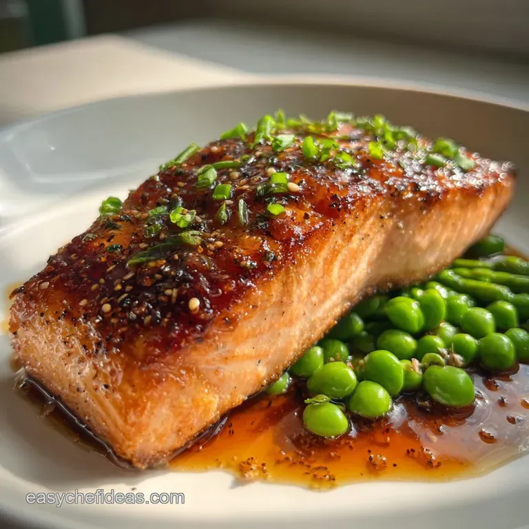 Perfectly cooked salmon fillet, golden and glazed, served with vibrant green asparagus spears, offering a restaurant-quali...