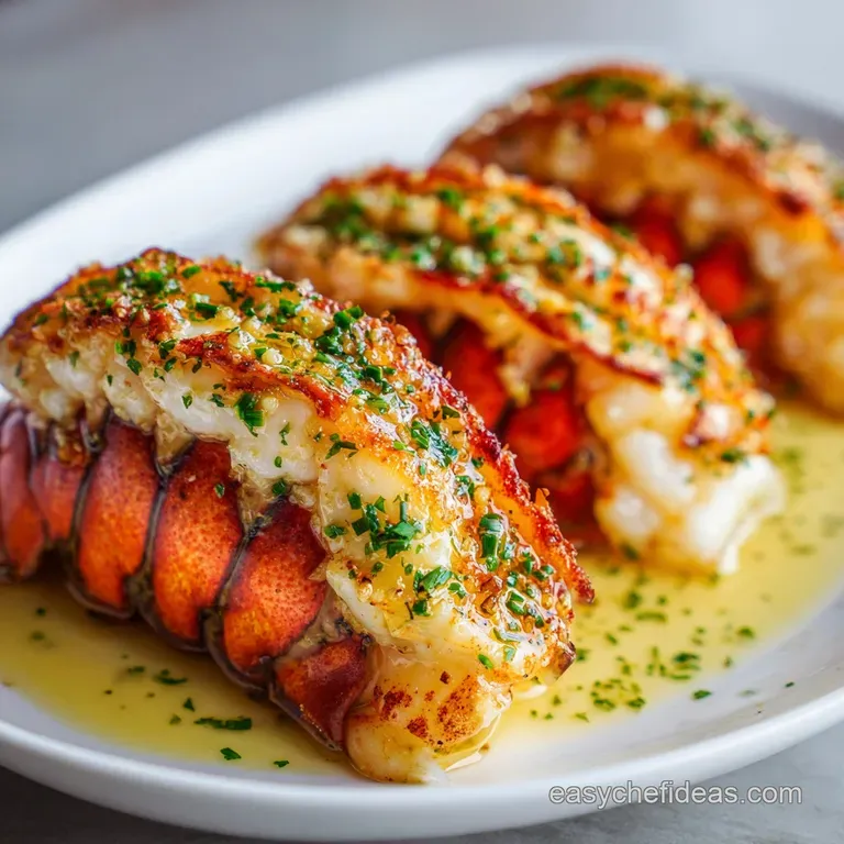 Perfectly cooked lobster tail on a white plate, paired with lemon wedges and a sprig of parsley for an elegant and appetiz...