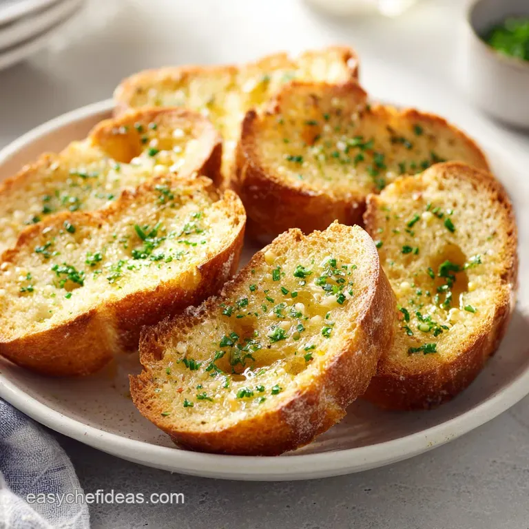 Crisp, warm baguette pieces artfully arranged on a rustic wooden board, glistening with herb-infused butter.