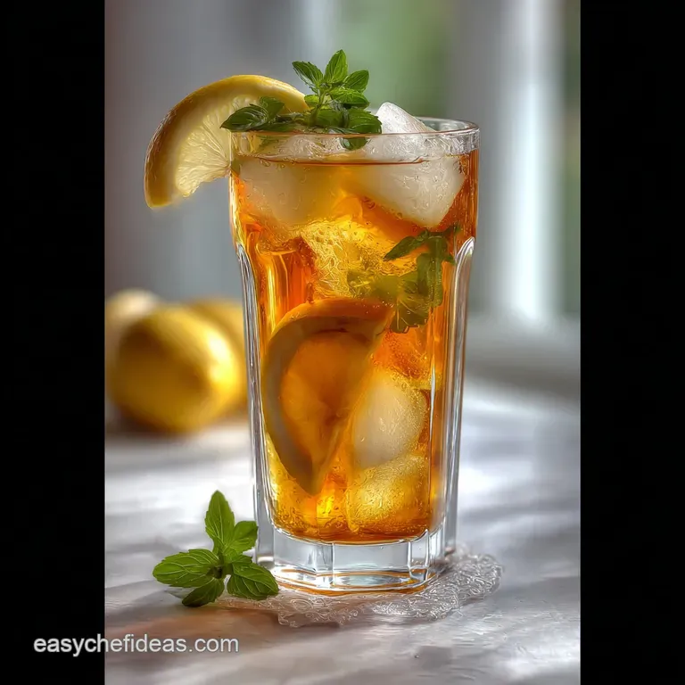 Iced tea in a tall glass with lemon wheel & mint sprig, sitting on a sun-drenched porch. Inviting, cool, and thirst-quench...
