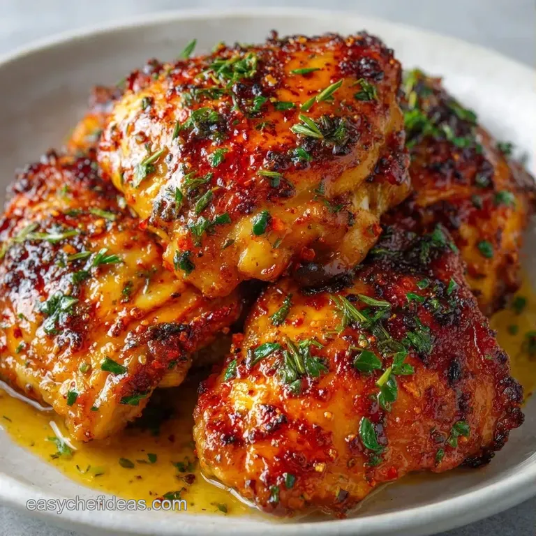 Juicy chicken thighs arranged on a ceramic plate with a side of steamed carrots and a drizzle of rich pan sauce.