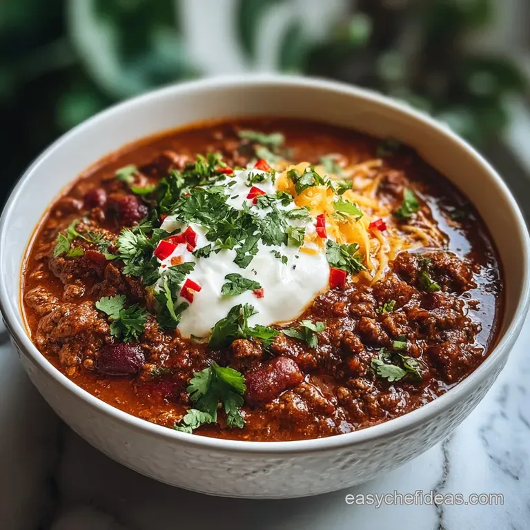 Chili served in a rustic bowl, steam rising, topped with melted cheese, sour cream dollop, and chopped green onions. Warm ...