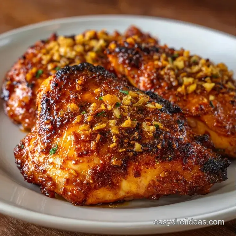 Sliced golden chicken thighs drizzled with garlic sauce on a white ceramic plate, garnished with bright green herbs.