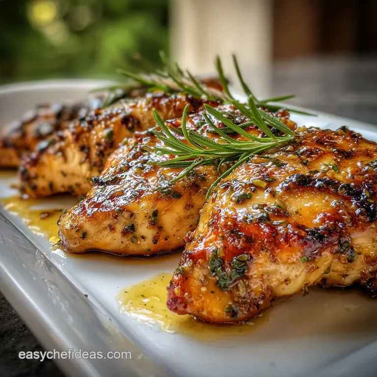 Glossy grilled chicken thighs served on a rustic wooden board. Bright lemon wedges and sprigs of rosemary add color and fr...