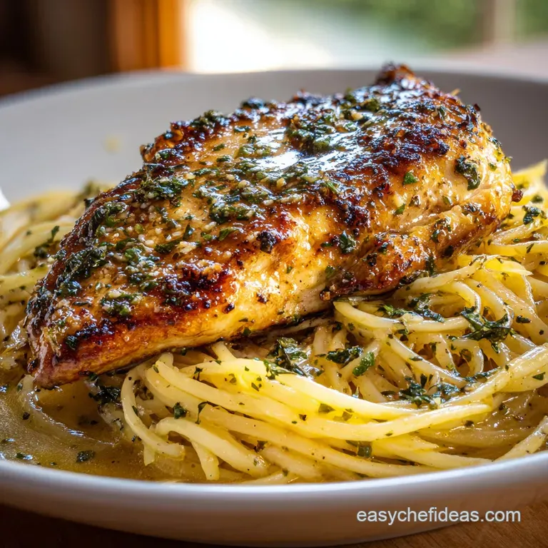 Perfectly plated chicken glistening with olive oil, surrounded by colorful herbs and a drizzle of pan sauce for an elegant...