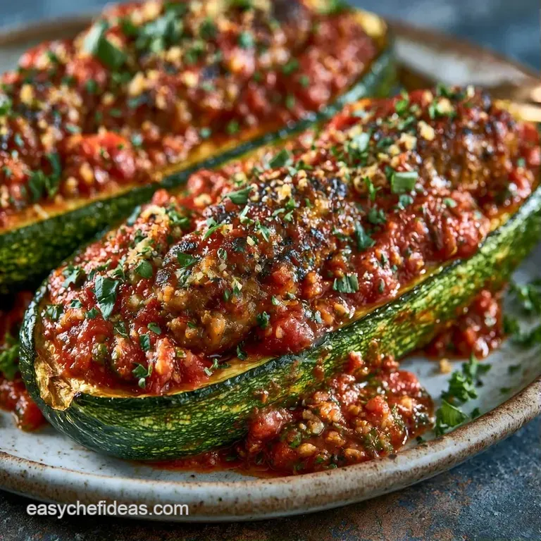 Roasted stuffed zucchini halves topped with melted gold cheese and fresh herbs on a minimalist ceramic plate.