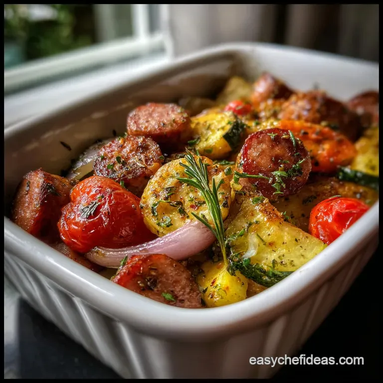 Smoked kielbasa and vibrant roasted vegetables, glistening with olive oil, arranged on a sheet pan ready to serve.