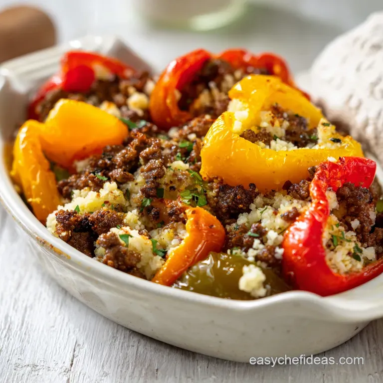 Roasted red and yellow peppers overflowing with cheesy cauliflower filling on a minimalist slate gray platter.