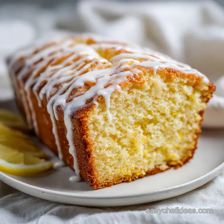 A golden cake slice on a marble slab, drizzled with white icing and accented by bright yellow citrus curls.