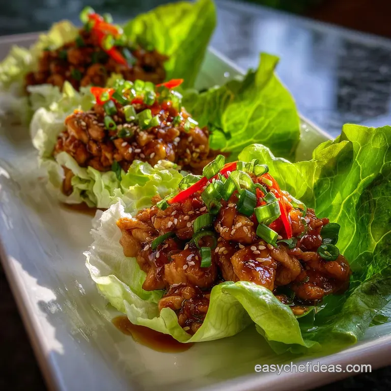 A single lettuce wrap bursting with savory filling, garnished with herbs, on a white plate with a clean, minimalist aesthe...