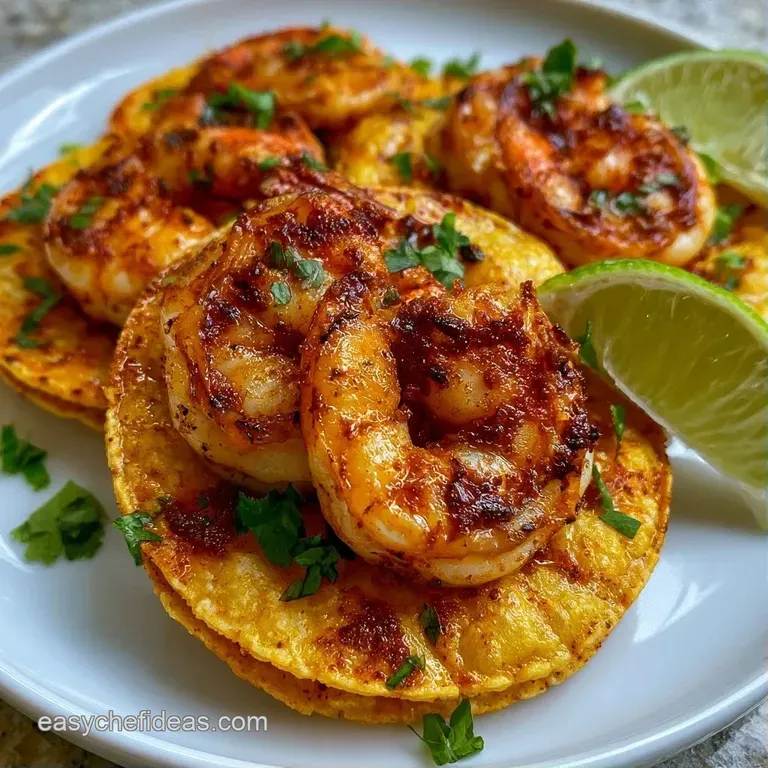 Three golden crispy tortillas topped with colorful slaw, seared shrimp, and lime wedges on a matte ceramic platter.