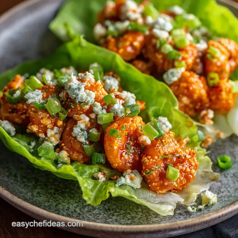 LowCarb Buffalo Shrimp Lettuce Wraps with Tangy Blue Cheese Drizzle