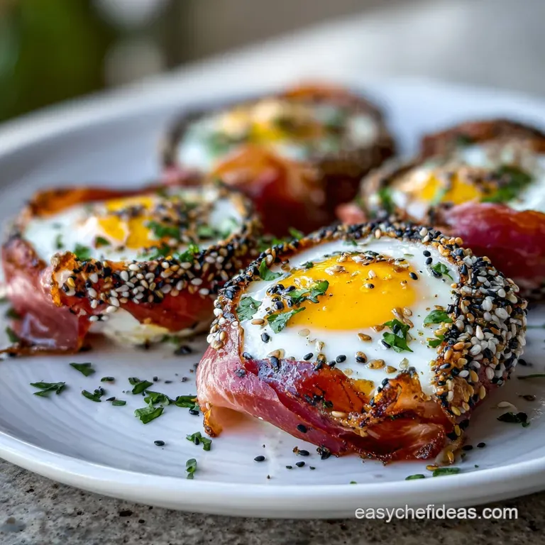 Elevated view of six halved eggs, yolks bright yellow, seasoned and artfully arranged with microgreens on a slate board.
