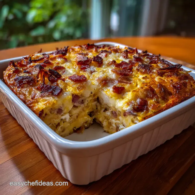 Fluffy, savory casserole portioned on a white plate; textures of browned cheese and sausage visible with a garnish of fres...